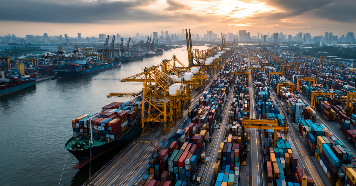 An aerial view of a busy shipping port at sunset, with numerous cargo ships, cranes, and stacks of containers lining the waterway and land. A city skyline is visible in the distance under a cloudy sky.