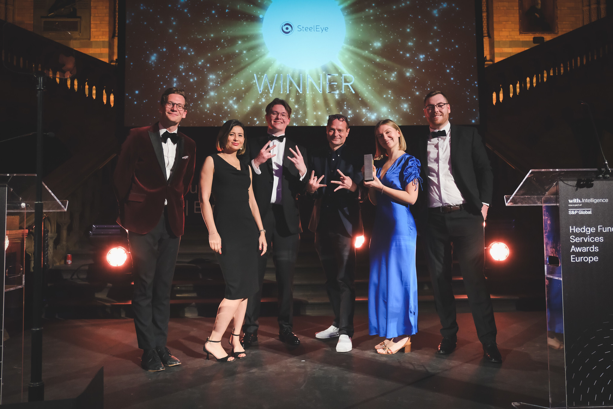 SteelEye team including CEO Matt Smith receiving the award at the Natural History Museum